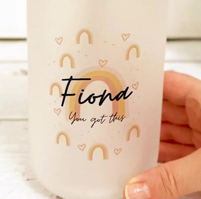 Personalised Rainbow Mug, Coffee Cup, Glass Mug, Glass Tumbler, Positivity Gift, Glass Drink Bottle, Wooden Lid Glass Bottle, You Got this - Amy Lucy