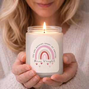 Personalised Rainbow Teacher Thank You Candle shown from the front