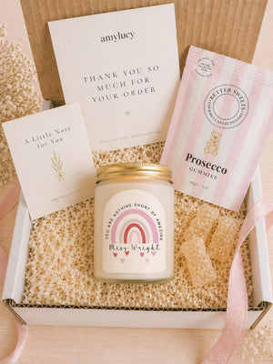Personalised Rainbow Teacher Thank You Candle styled as a thoughtful gift
