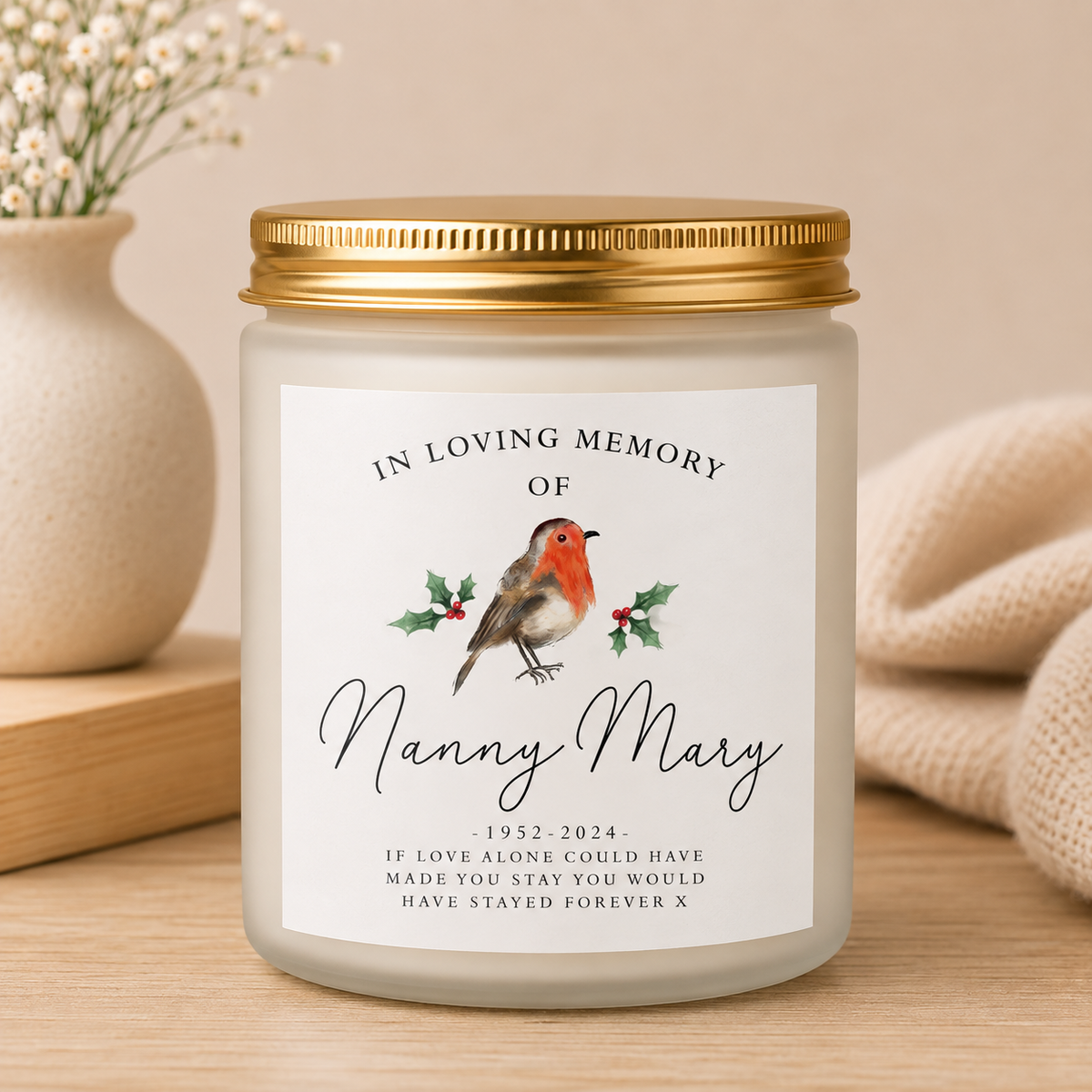 Personalised Robin Christmas Memorial Candle in a frosted glass jar with gold lid