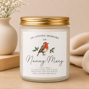 Personalised Robin Christmas Memorial Candle in a frosted glass jar with gold lid