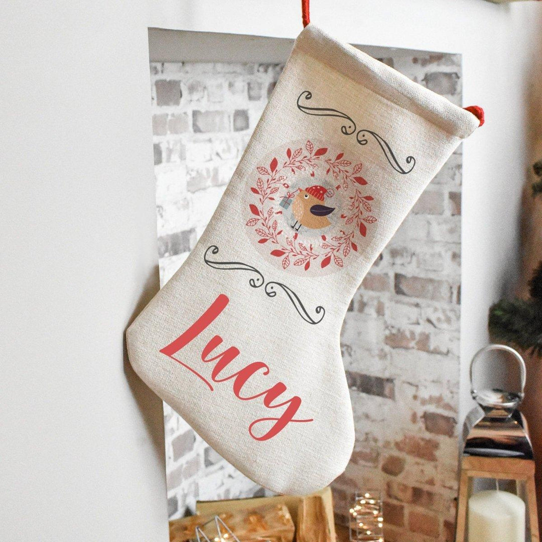 Personalised Robin Christmas Stocking, Christmas Stocking, Personalised Robin Stocking, Christmas Family Decoration, Xmas Stocking Kids - Amy Lucy