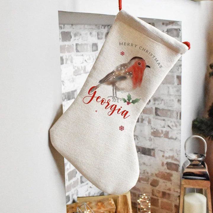 Personalised Robin Christmas Stocking, Name Christmas Stocking, Personalised Holiday Stocking, Christmas Family Decoration Custom Stocking - Amy Lucy