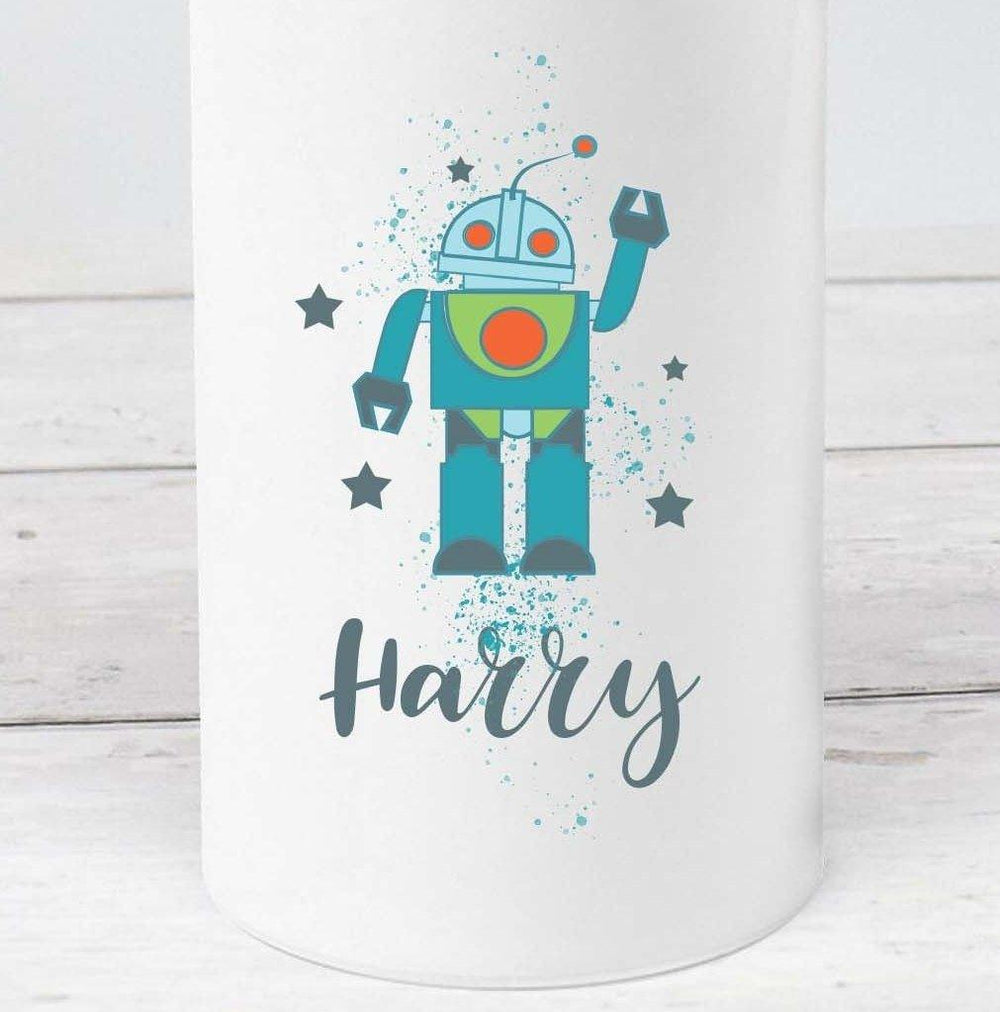 Personalised Robot Water Bottle, Robot School Bottle, Kids Robot Drink Bottle, Boys School Flask, Kids Children Student Drinks Cup, Robots - Amy Lucy