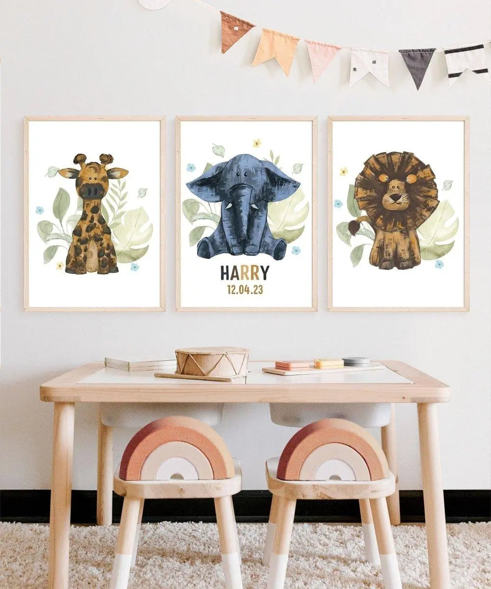 Personalised Safari Nursery Print, Safari Baby Print, Baby Nursery Wall Art, Baby Birth Stats Print, Giraffe Baby Gift, Custom Nursery Art - Amy Lucy