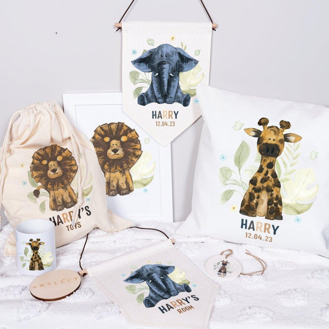 Personalised Safari Room Decor, Scandi Baby Room Decor, Jungle Scandinavian Room Decorations, Jungle Toy Storage, Lion Cushion, Elephant - Amy Lucy