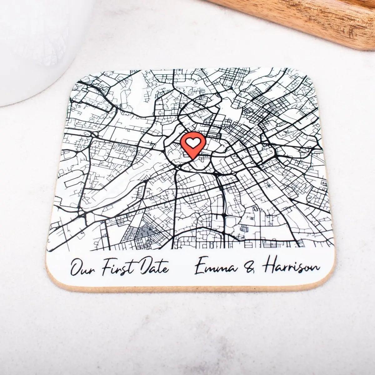 Personalised Script Map Pin Coaster, Couples Gift, Lovers Present, Custom Map Name, Keepsake, Boyfriend, Girlfriend, Husband, Wife, Engaged - Amy Lucy