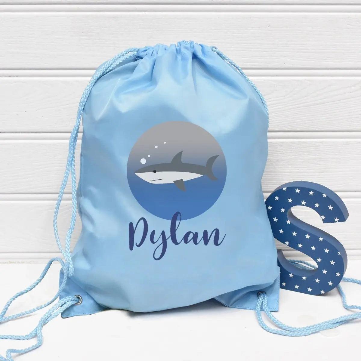 Personalised Shark Gym Bag Kids, Shark Gym Bag, Boys Drawstring Bag, School Bag, Shark School PE Bag, Shark Pump Bag, Nursery Bag, Blue - Amy Lucy