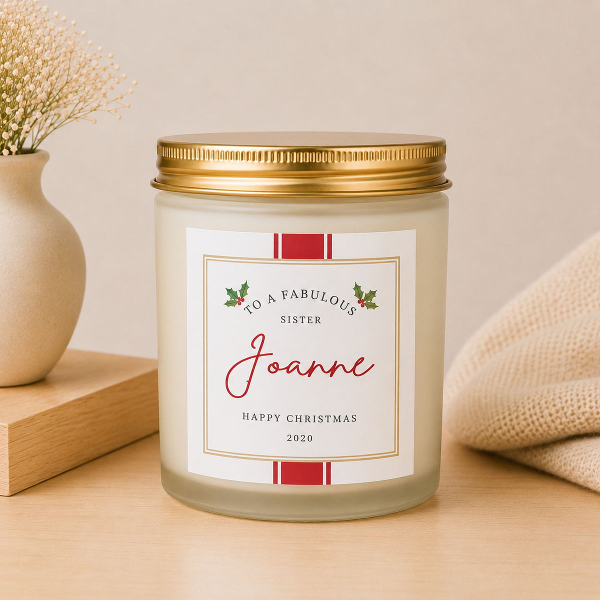 Personalised Sister Christmas Candle Gift in a frosted glass jar with gold lid