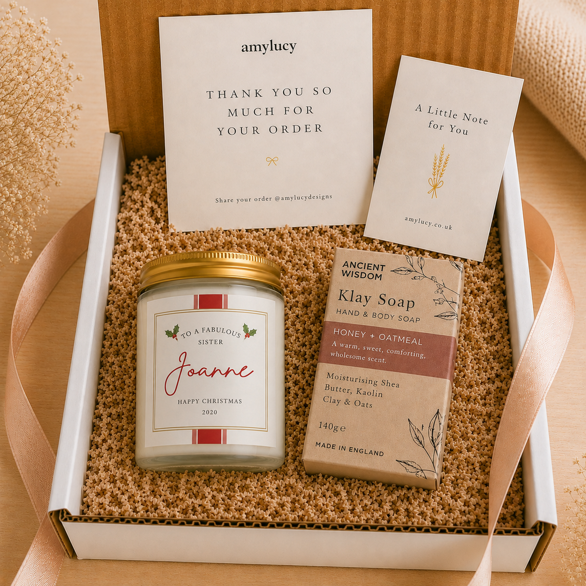 Personalised Sister Christmas Candle Gift styled for Christmas