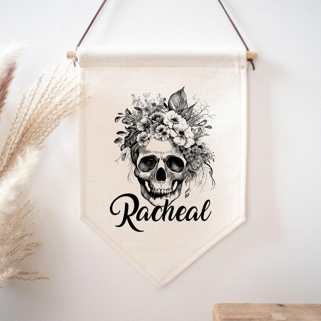 Personalised Skull Flag, Custom Name Flag, Skull and Flowers Sign, Skull Room Decoration, Halloween Sign, Halloween Decoration, Gothic - Amy Lucy