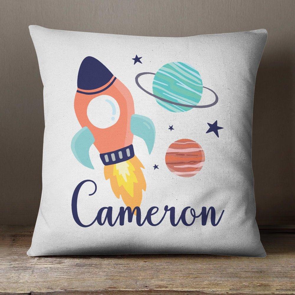 Personalised Space Cushion Cover, Boys Room Cushion, Blue Room Cushion, Boys Cotton Scatter Cushion, Spaceship Cushions, Blue Decoration - Amy Lucy