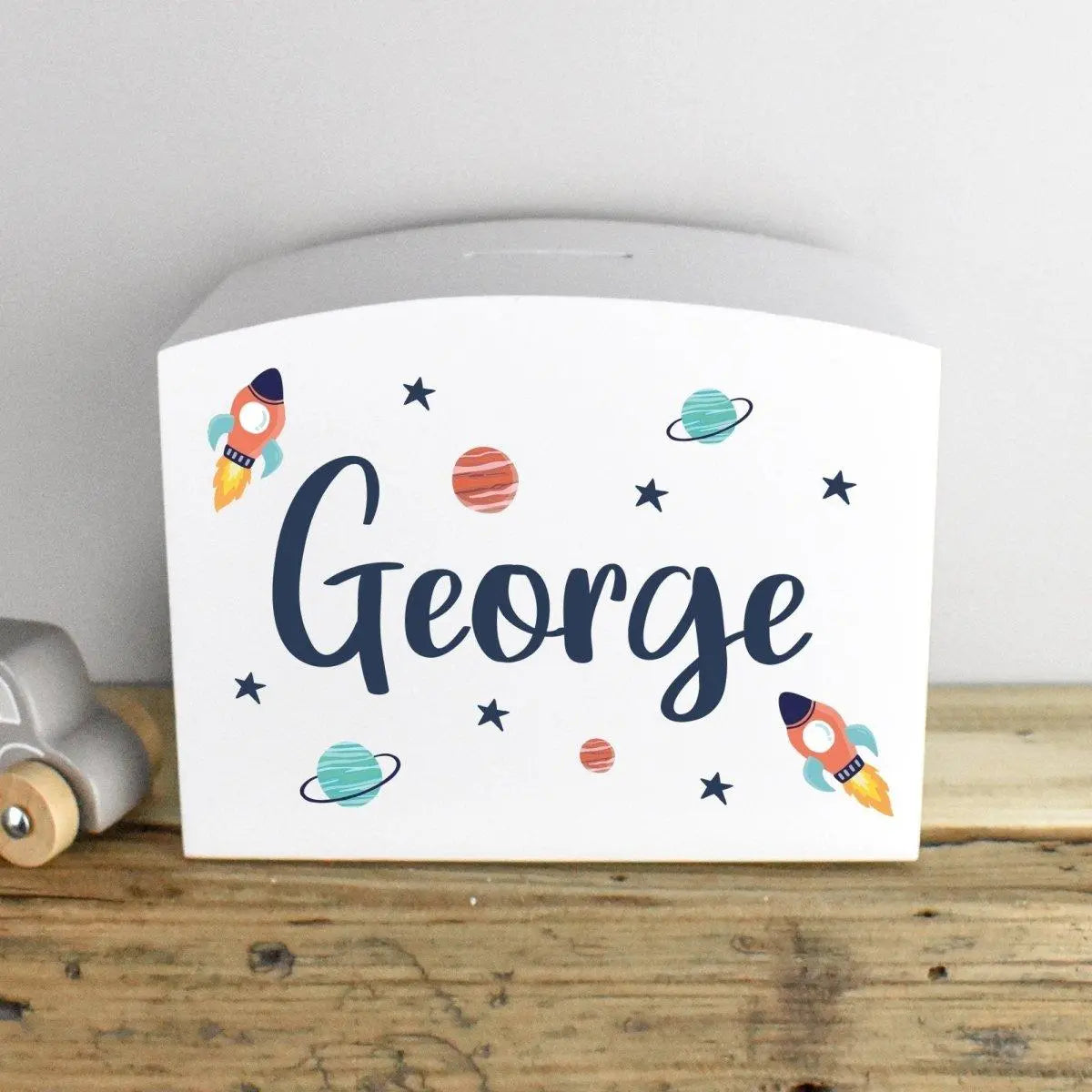 Personalised Space Money Box, Personalised Piggy Bank, Child?s Money Box, Space Bedroom D?cor, Child&#39;s Piggy Bank, Space Nursery D?cor - Amy Lucy