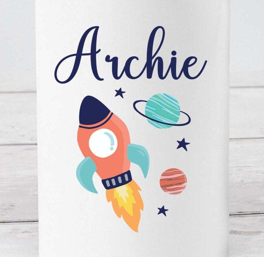 Personalised Spaceship Water Bottle, Space School Bottle, Kids Rocket Drink Bottle, Boys School Flask, Kids Children Student Drinks Cup - Amy Lucy