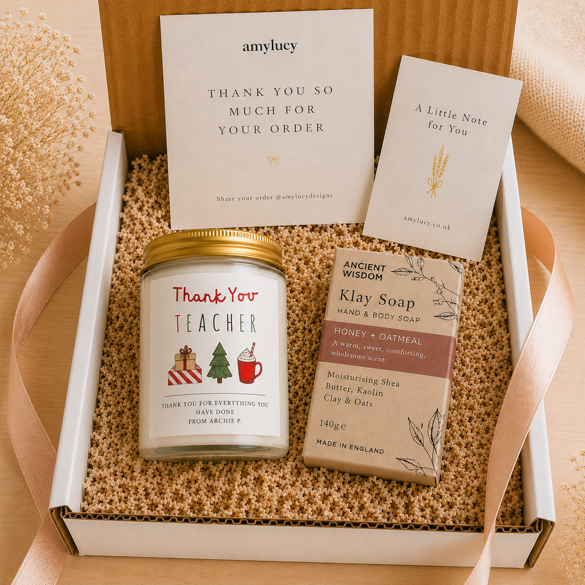 Close-up of the personalised label on the personalised Teacher Christmas Thank You Candle