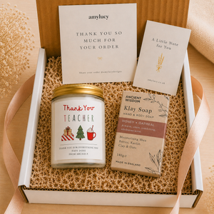 Close-up of the personalised label on the personalised Teacher Christmas Thank You Candle