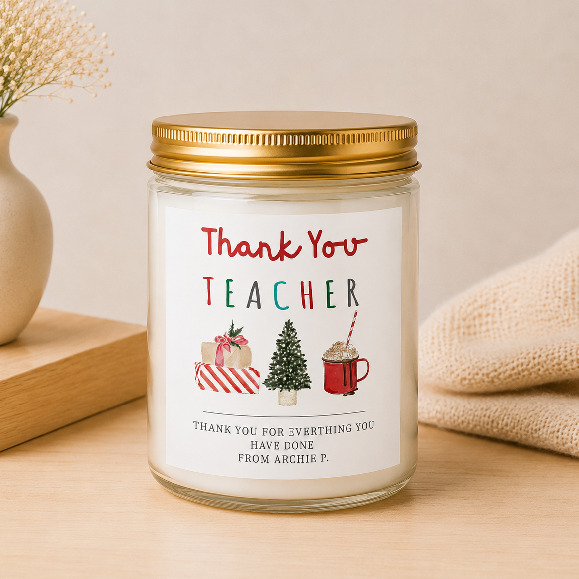 Personalised Teacher Christmas Thank You Candle in a frosted glass jar with gold lid