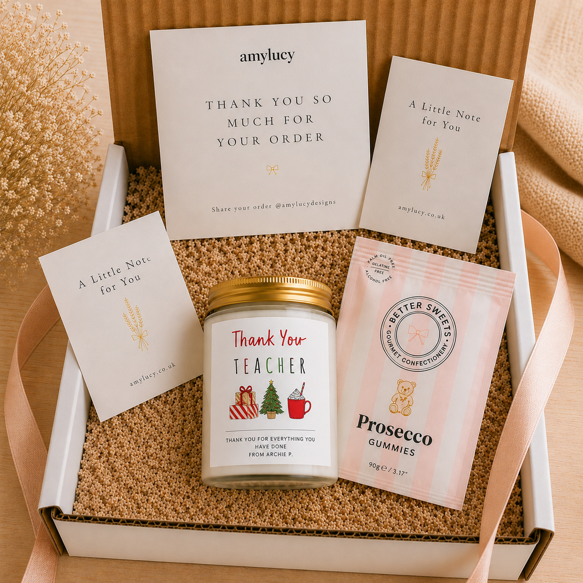 Personalised Teacher Christmas Thank You Candle styled for Christmas