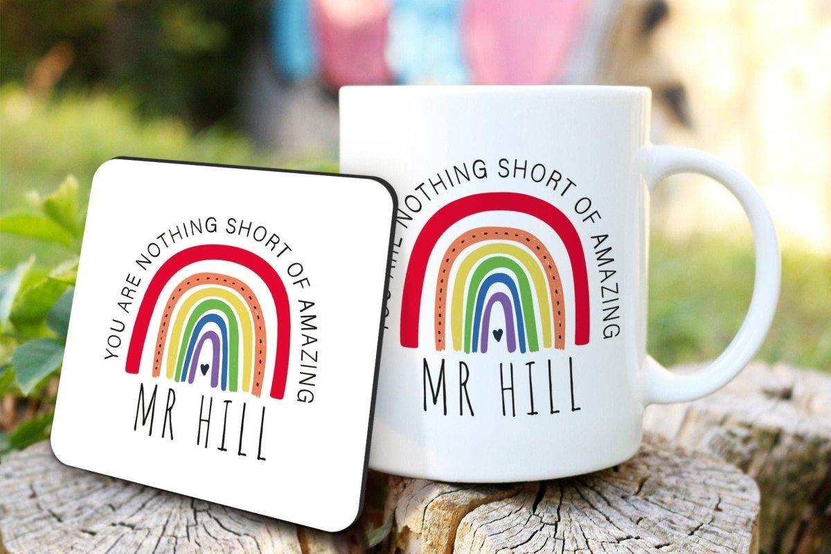 Personalised Teacher Mug and Coaster, Rainbow Teacher Gift, Personalised Teacher Gifts, Personalised Coffee Mug Set, Teaching Assistant, - Amy Lucy