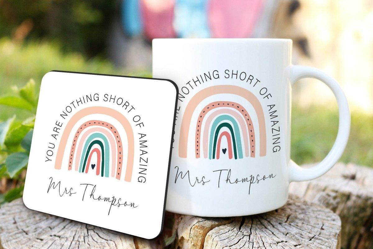 Personalised Teacher Mug and Coaster, Rainbow Teacher Gift, Personalised Teacher Gifts, Personalised Coffee Mug Set, Teaching Assistant, - Amy Lucy