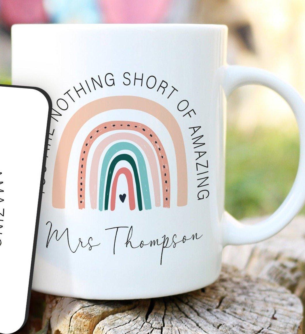 Personalised Teacher Mug and Coaster, Rainbow Teacher Gift, Personalised Teacher Gifts, Personalised Coffee Mug Set, Teaching Assistant, - Amy Lucy