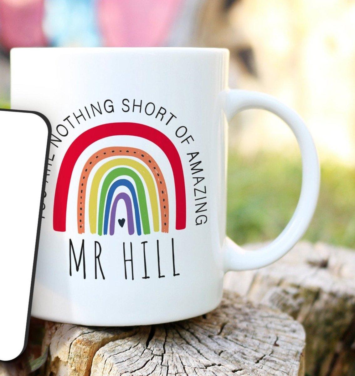 Personalised Teacher Mug and Coaster, Rainbow Teacher Gift, Personalised Teacher Gifts, Personalised Coffee Mug Set, Teaching Assistant, - Amy Lucy