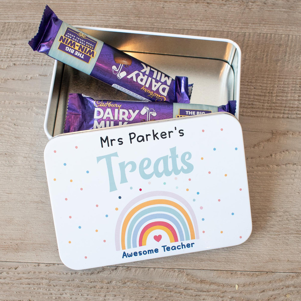 Personalised teacher treat tin with custom name or wording