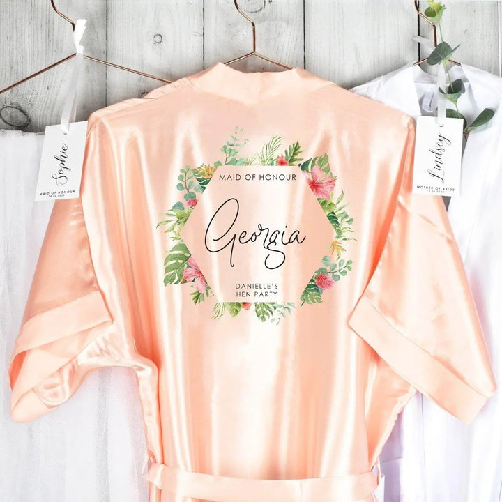 Personalised Tropical Hen Party Robe, Botanical Theme Bridesmaid Robe, Personalised Bridal Robe, Custom Bridesmaid Robe, Custom Bride Robe - Amy Lucy