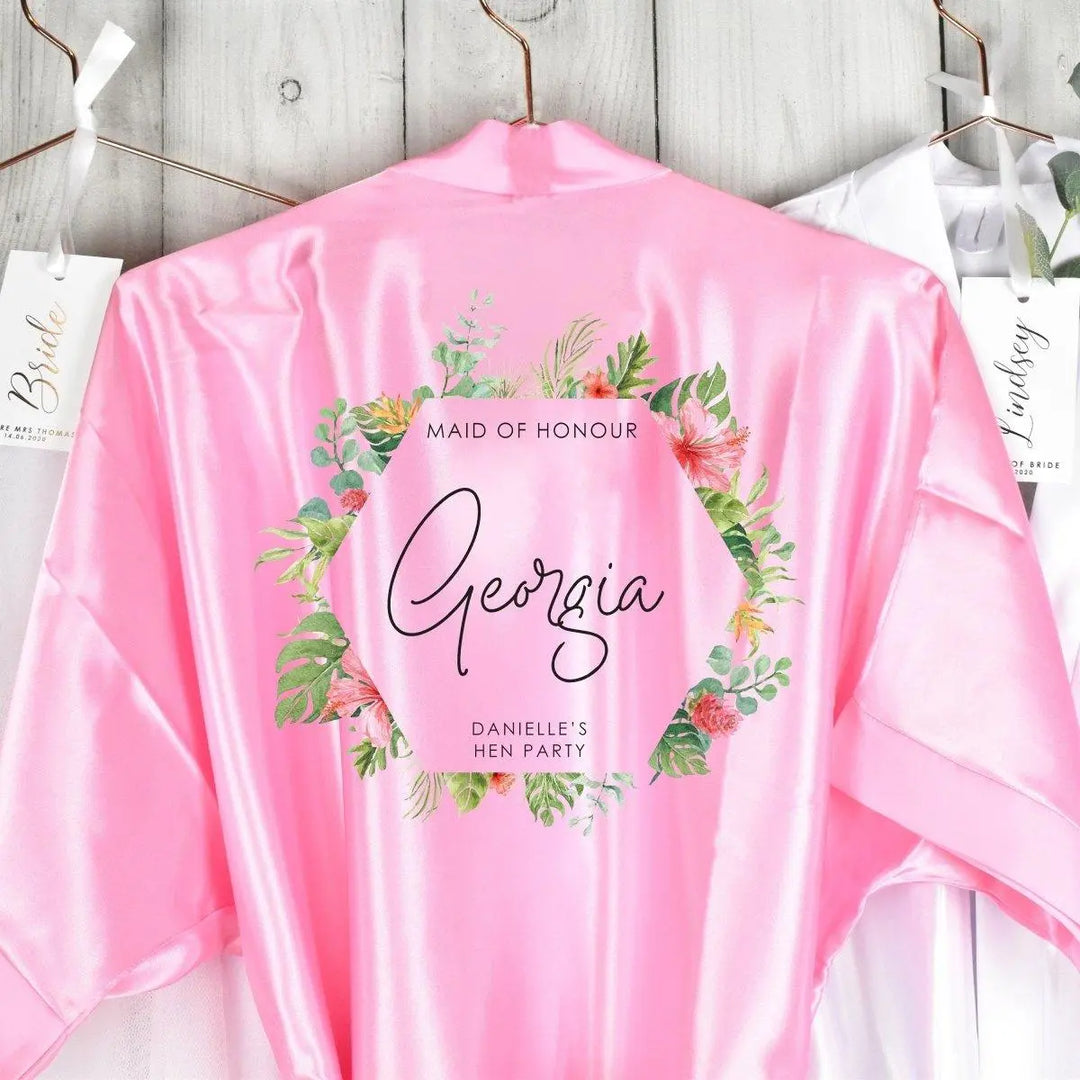 Personalised Tropical Hen Party Robe, Botanical Theme Bridesmaid Robe, Personalised Bridal Robe, Custom Bridesmaid Robe, Custom Bride Robe - Amy Lucy