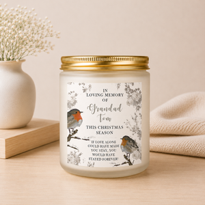 Personalised Two Robins Christmas Memorial Candle in a frosted glass jar with gold lid