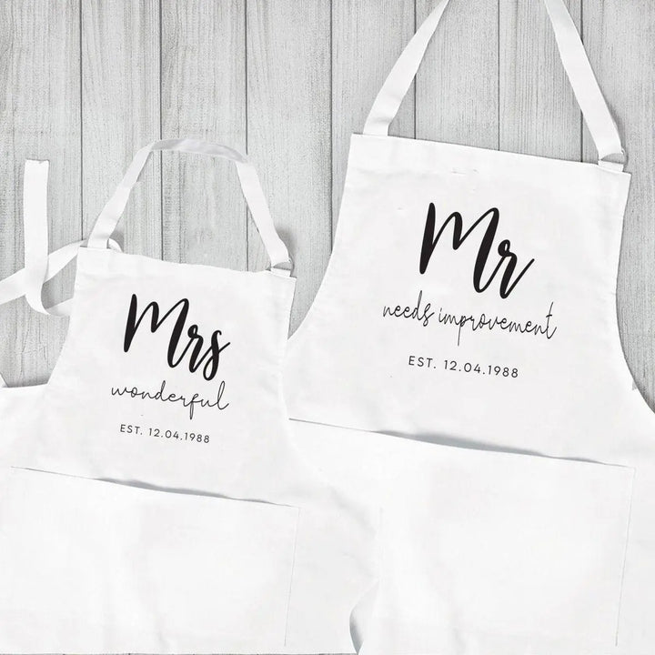 Personalised Valentines Aprons, Mr and Mrs Aprons, Wedding Aprons, Bride Groom Wedding Aprons, Newlywed Aprons, Fun Mr and Mrs Aprons, - Amy Lucy