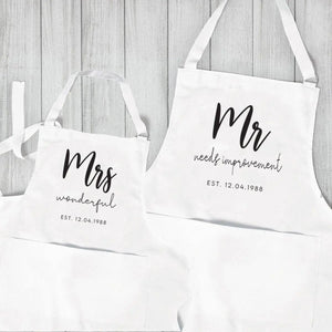 Personalised Valentines Aprons, Mr and Mrs Aprons, Wedding Aprons, Bride Groom Wedding Aprons, Newlywed Aprons, Fun Mr and Mrs Aprons, - Amy Lucy