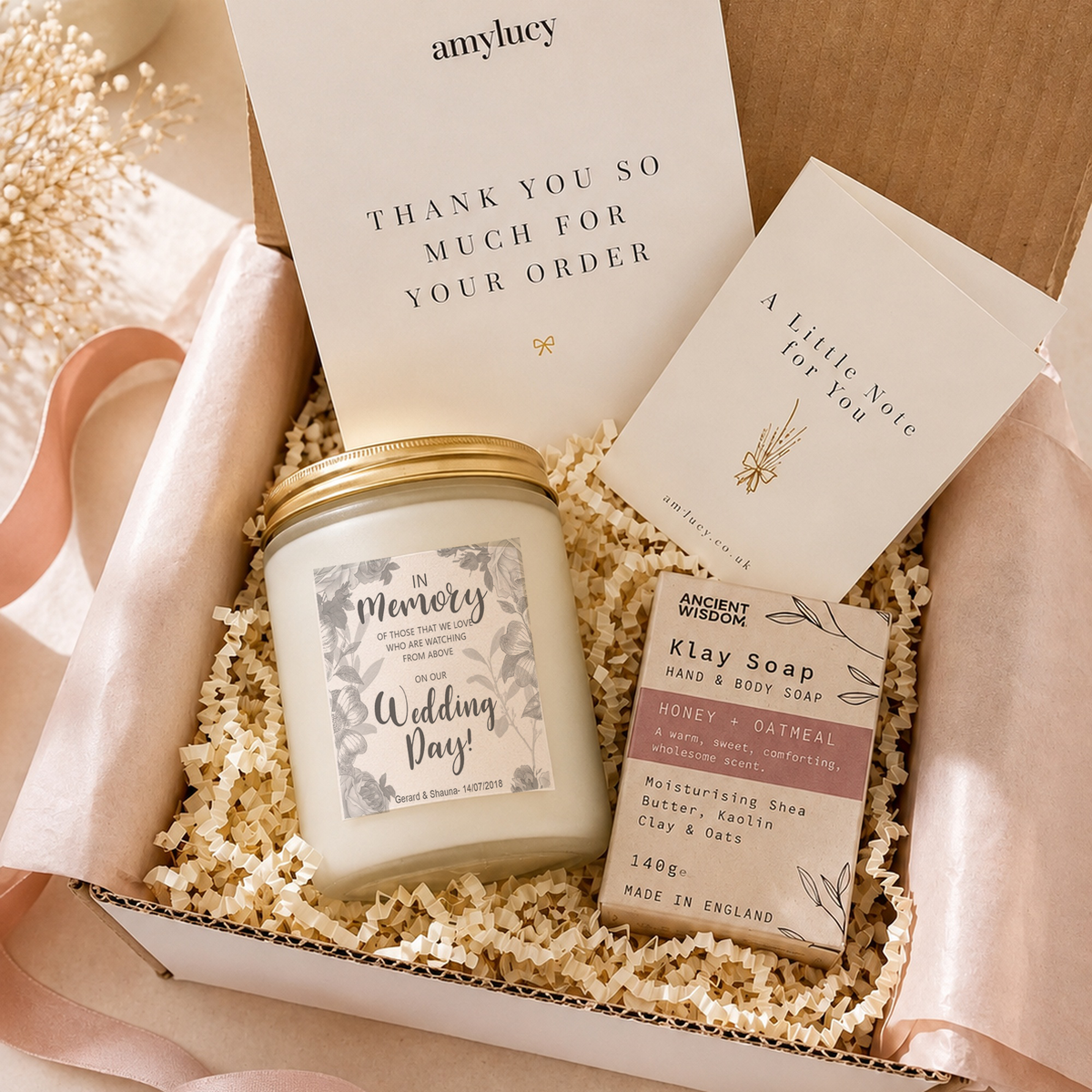 Lit personalised Wedding Memorial Candle in a styled setting