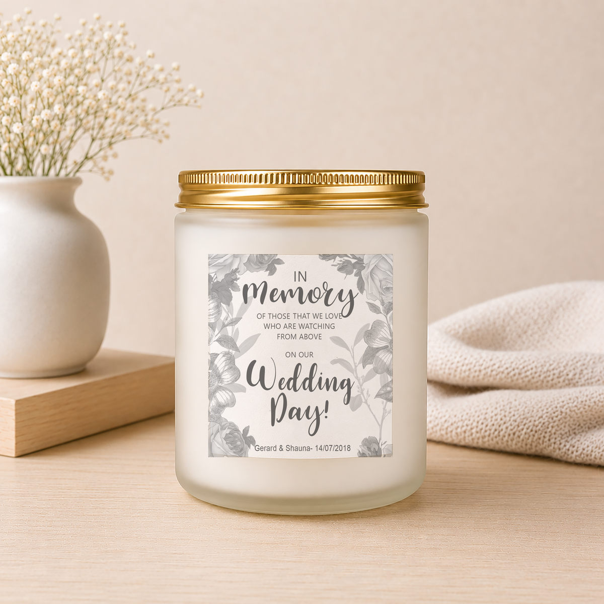 Overhead view of the personalised Wedding Memorial Candle