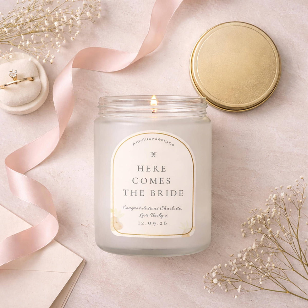 Personalised Wedding Morning Candle for Bride with gift presentation details