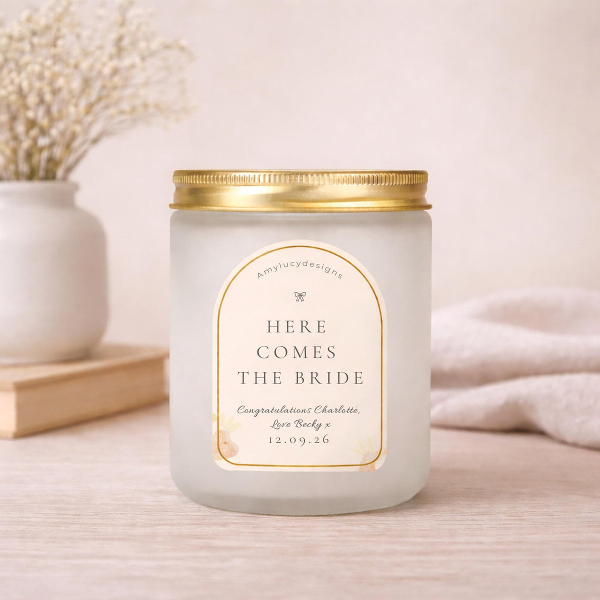 Close-up of the personalised label on the personalised Wedding Morning Candle for Bride