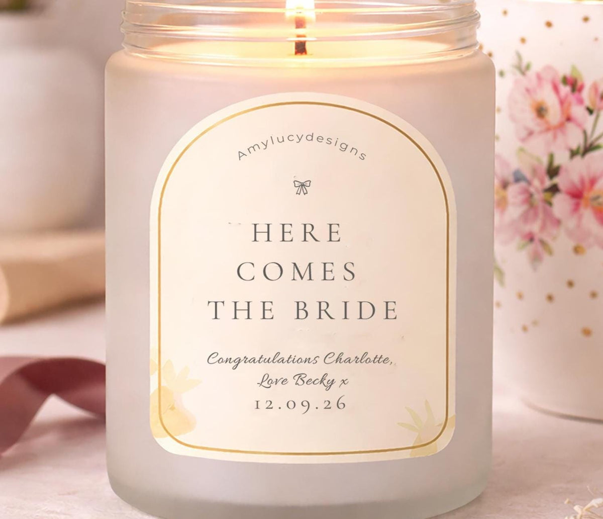 Overhead view of the personalised Wedding Morning Candle for Bride
