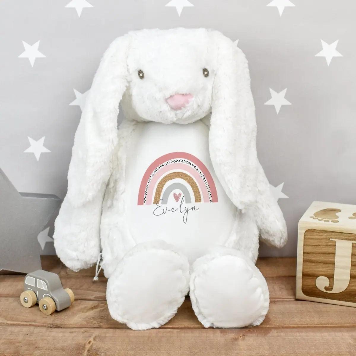 Personalised White Bunny Rabbit, Large Soft Toy, New Baby Gift, Rainbow Nursery Decor, Bunny Teddy, Baby Girl Gift, Baby Shower, Easter Baby - Amy Lucy