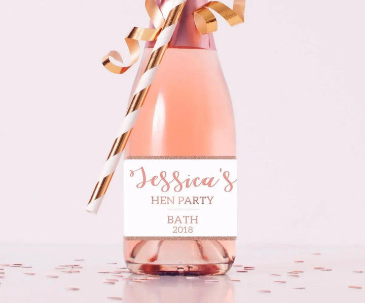 Personalised Wine Bottle Label x10, Rose Gold Hen Party Champagne Bottle Label, Hen Night Bottle Label, Mini Wine Bottle Labels, Hen Label - Amy Lucy