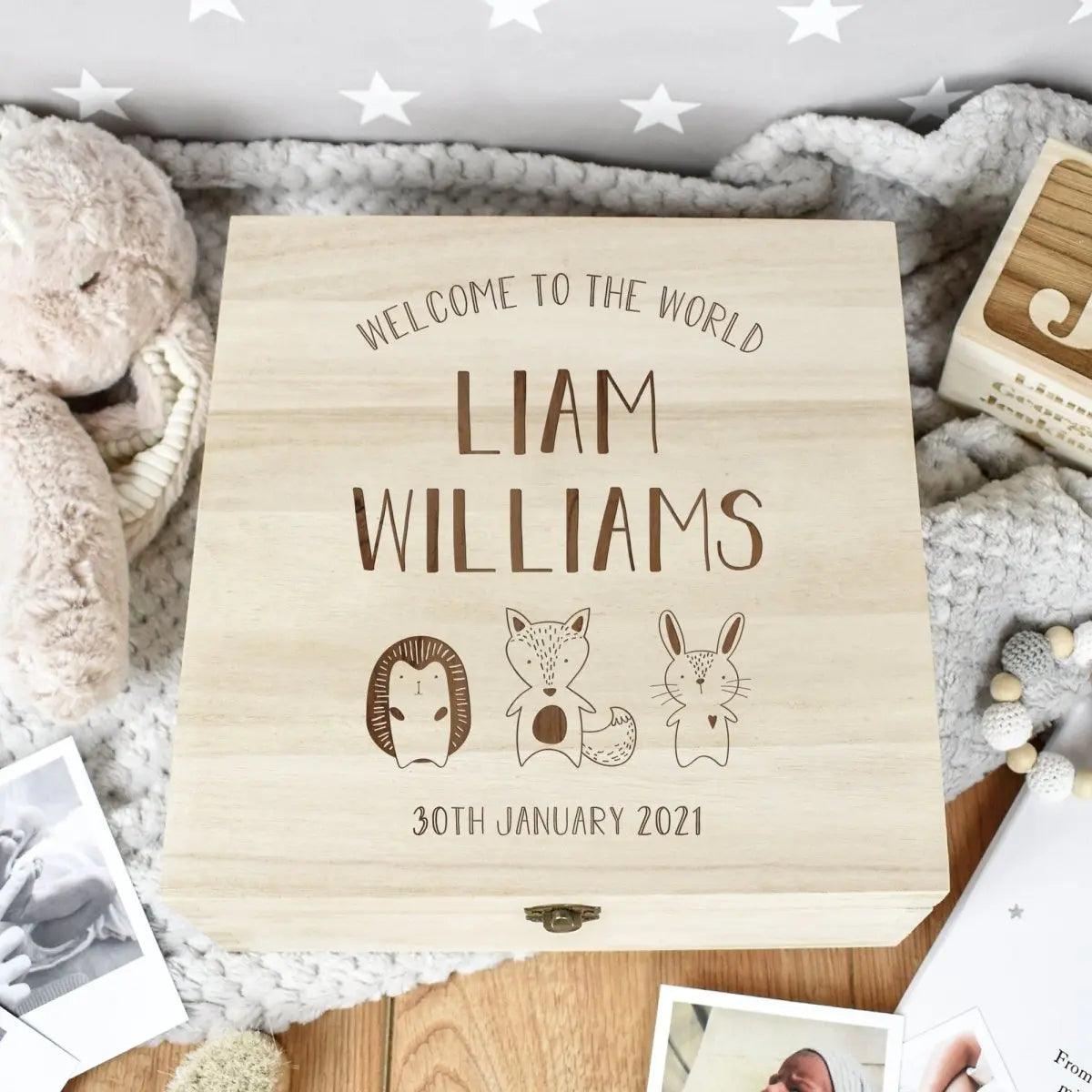 Personalised Woodland Animal Baby Box, Engraved Baby Keepsake Box, Woodland Nursery D?cor, Newborn Memory Box, Engraved Box, New Baby Gift - Amy Lucy