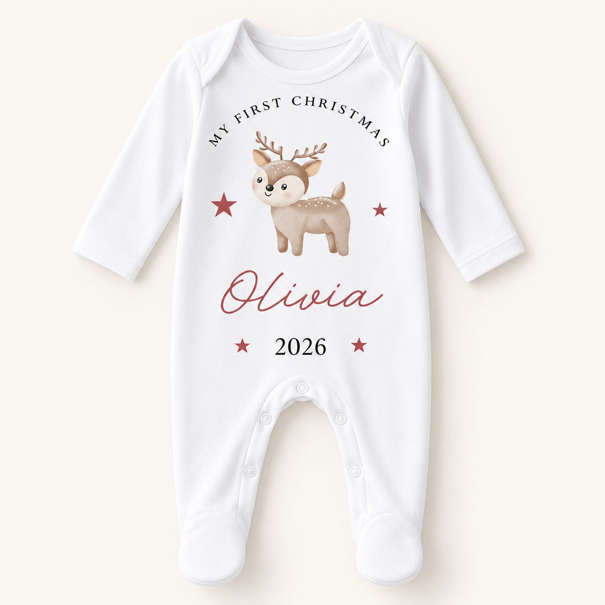 Personalised woodland reindeer First Christmas baby rompersuit 2026 on a clean neutral background