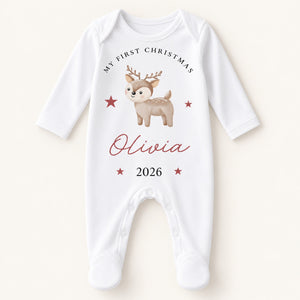 Personalised woodland reindeer First Christmas baby rompersuit 2026 on a clean neutral background