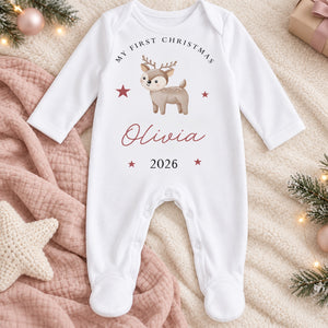Personalised woodland reindeer First Christmas baby rompersuit in a refined Little Lucy Christmas flat lay