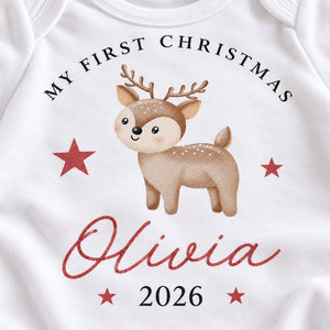 Close-up of personalised woodland reindeer First Christmas baby rompersuit design with Olivia 2026