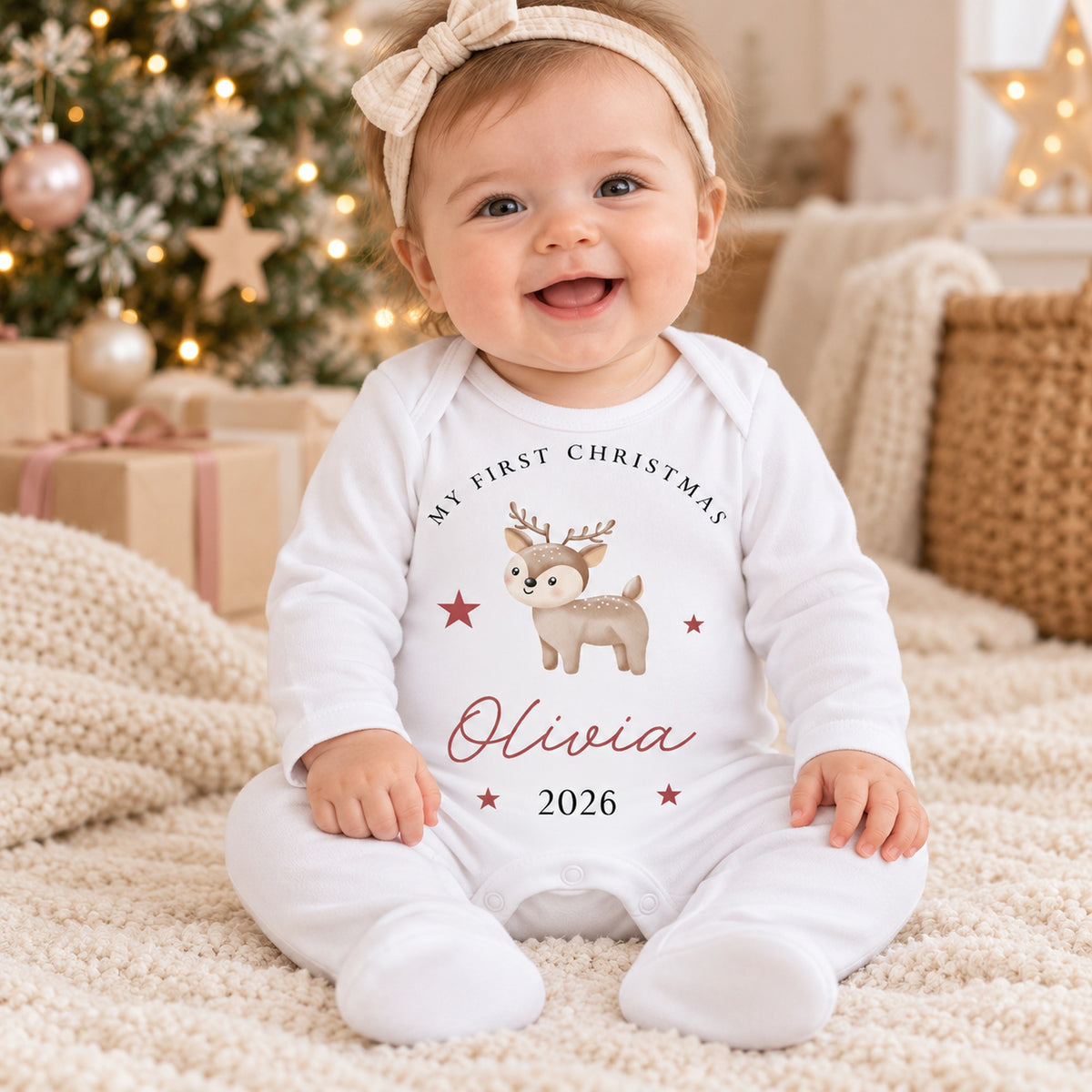 Baby wearing a personalised woodland reindeer First Christmas rompersuit with Olivia 2026
