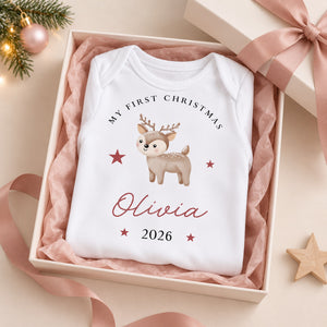 Personalised woodland reindeer First Christmas baby rompersuit presented in a refined gift box