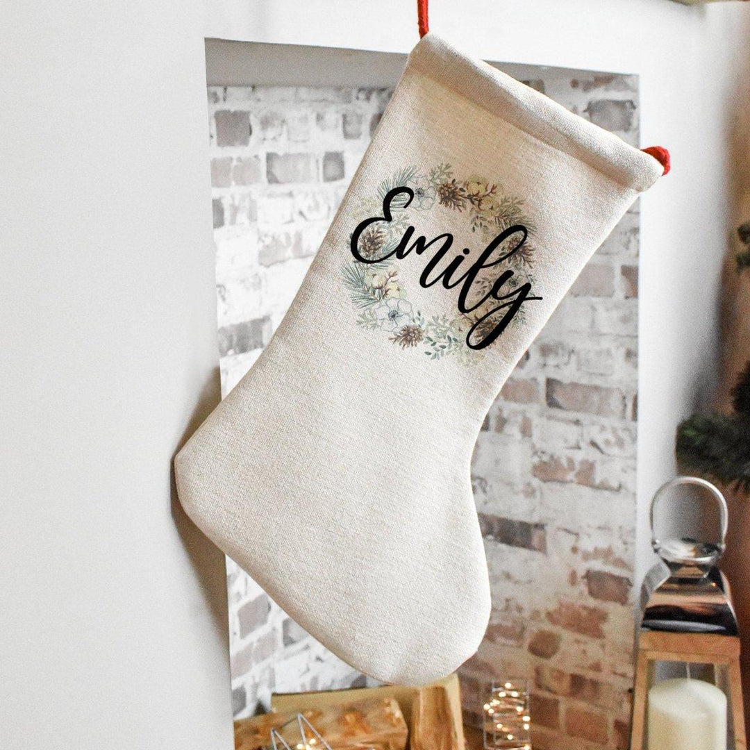 Personalised Wreath Christmas Stocking, Holiday Stocking, Linen Stockings, Christmas Family Decoration, Adult Christmas Stocking - Amy Lucy