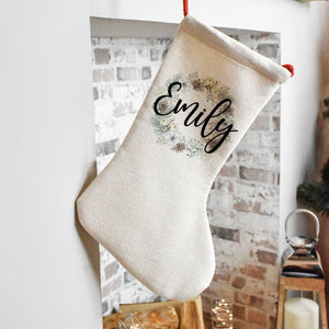 Personalised Wreath Christmas Stocking, Holiday Stocking, Linen Stockings, Christmas Family Decoration, Adult Christmas Stocking - Amy Lucy