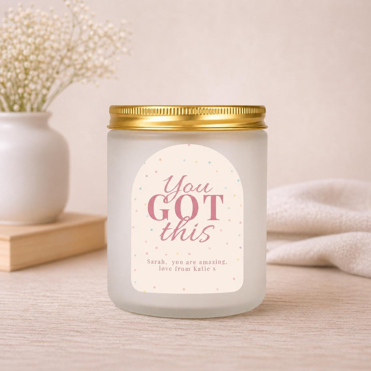 Close-up of the personalised label on the personalised You’ve Got This Candle Gift