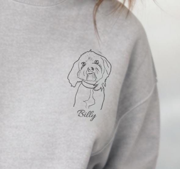 Gray sweatshirt with a dog illustration and name 'Billy' on a plain background